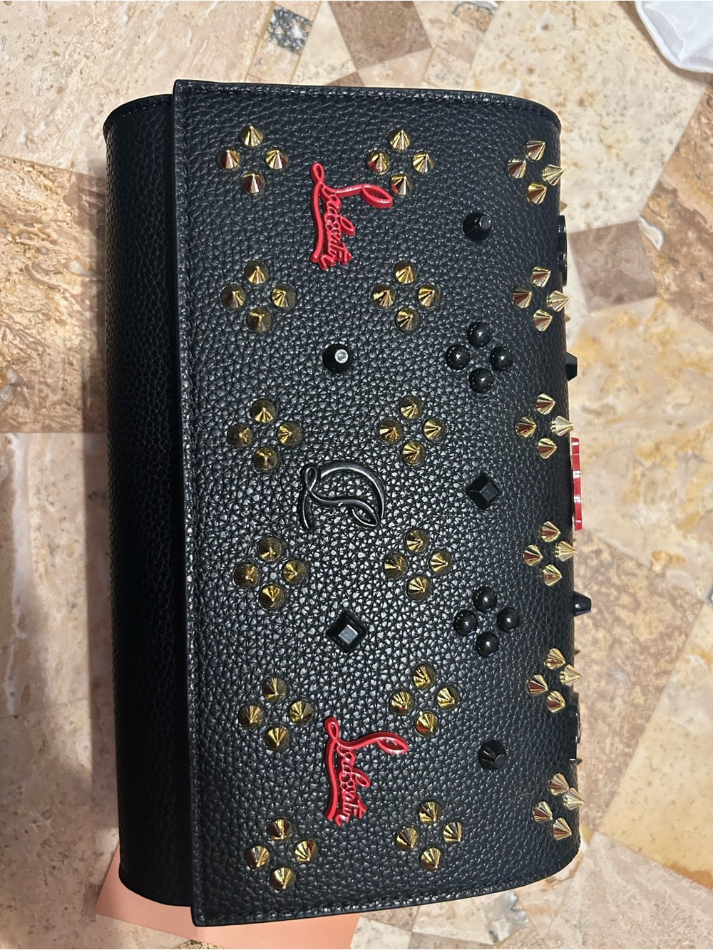 Christian Louboutin Black Studded Leather Card Holder with Red Logo Accents